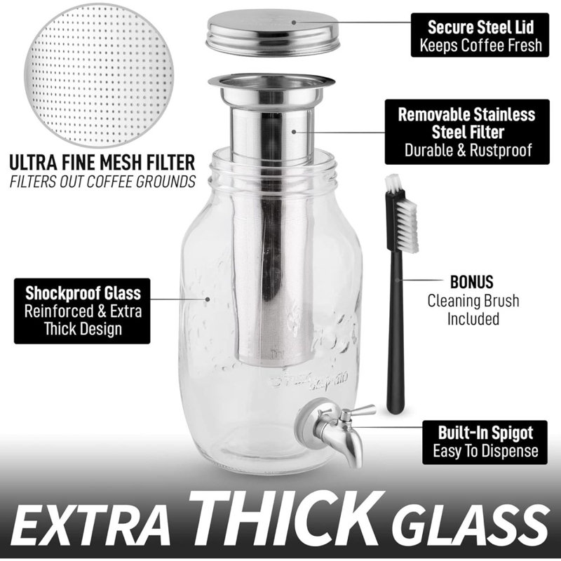 Zulay 1.5L Cold Brew Coffee Maker - Thick Glass Carafe & Stainless Steel Filter for Coffee & Tea, Silver
