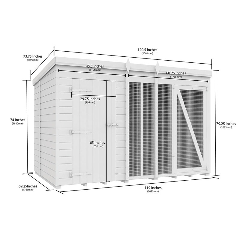 Dog Kennel and Run Full Height, 201cm H x 302cm W x 178cm D
