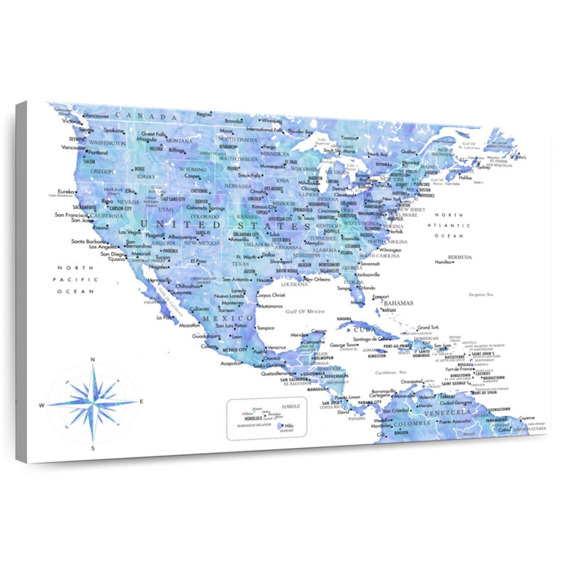 Carte bleue des États-Unis et de la mer des Caraïbes à Aliaz, H 20 po x l 30 po