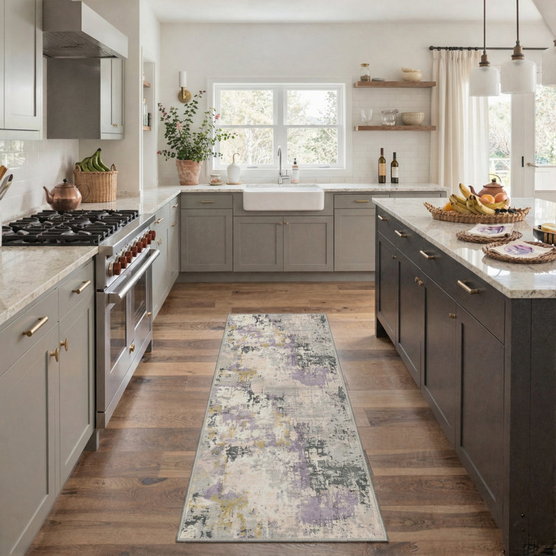 Art Abstract Painterly Strokes Machine Washable Misty Lavender Indoor Area Rug With Non-Slip Backing, Runner 2'3" x 6'