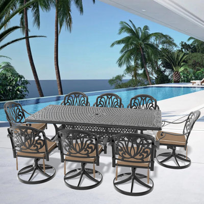 9-Piece All-Weather Cast Aluminum Dining Set, Include 8 Swivel Chairs and Rectangular Table