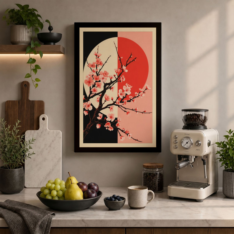 Moonlit Cherry Blossom Japandi - Wrapped Canvas, 30x20 - 76.2 x 50.8 cm, Black Border