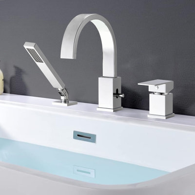 Stainless Steel 3-hole Waterfall Roman Bath Tub Faucets With Sprayer,deck Mount,handheld Hand Shower Sprayer With Valve