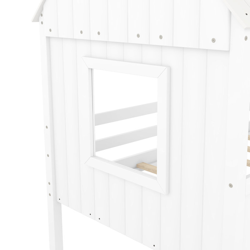Lit simple en bois blanc avec deux fenêtres latérales pour une chambre à coucher animée