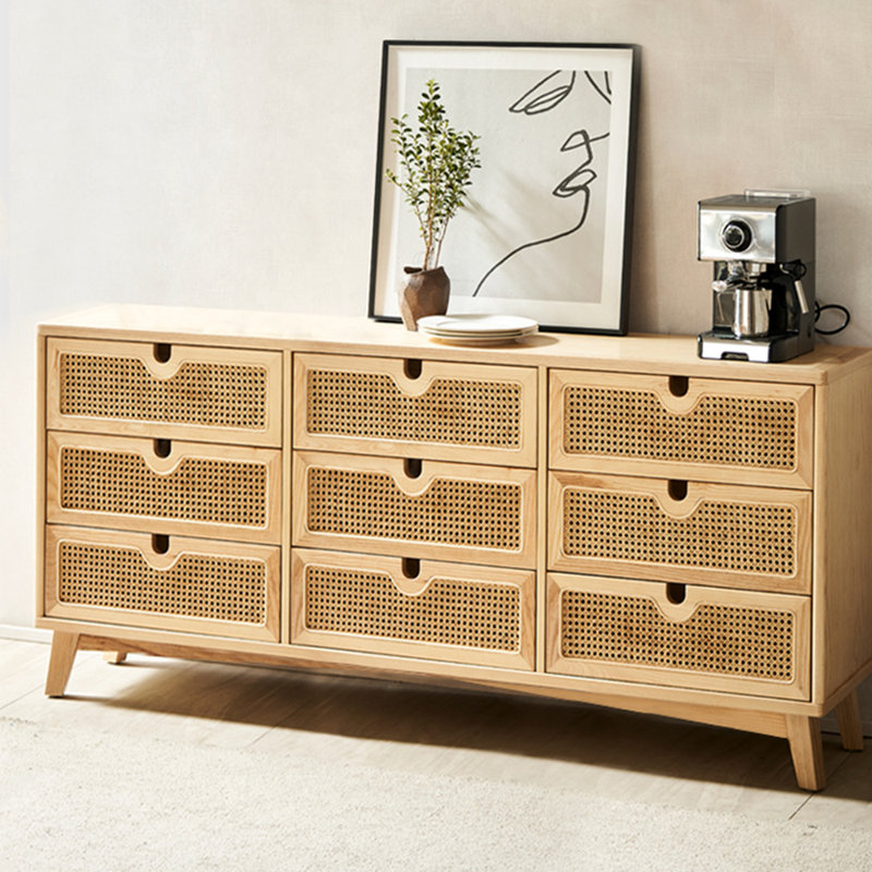 Solid Wood Rattan Woven Simple Drawer Locker 70.87'' W 9 - Drawer Dresser
