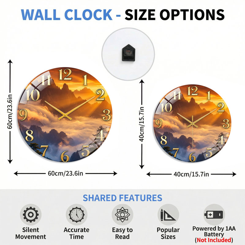 Horloge murale en verre Mountain, 60 x 60 cm (23,6 x 23,6 pouces)