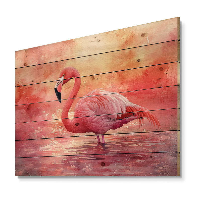 Flamant rose au coucher du soleil - Art mural animal flamant rose sur bois de pin naturel, H 34 po x l 44 po x P 0,78 po