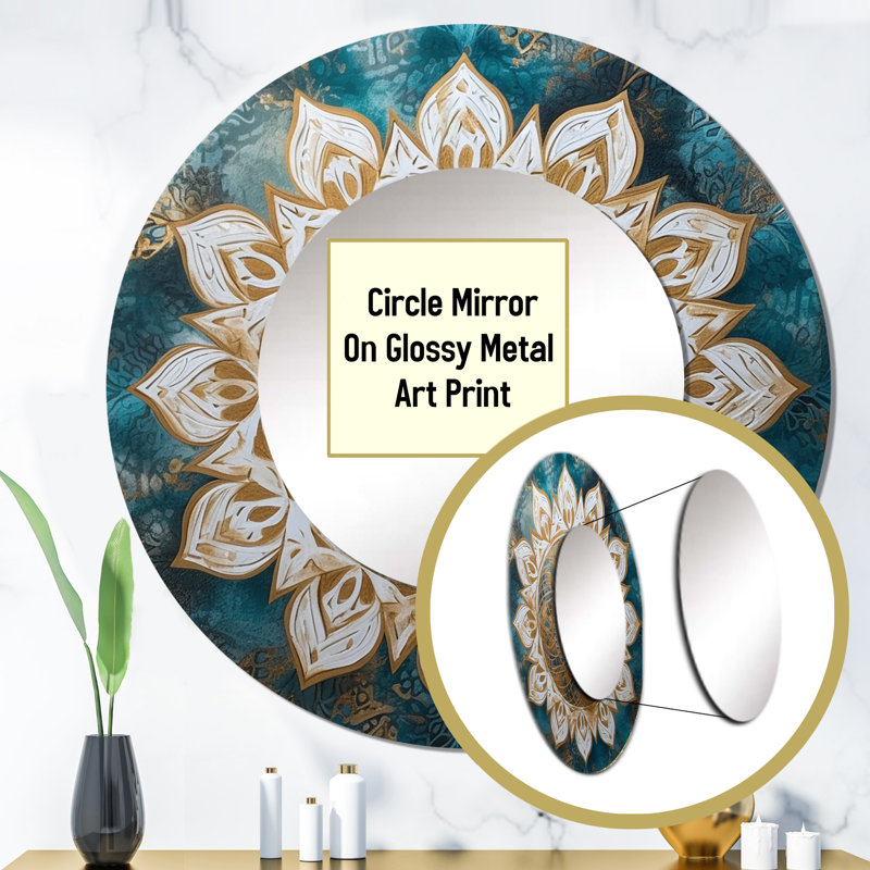 Pratham Teal And Gold Mandala II - Boho Mandala Wall Mirror, Traditional Round Decorative Mirror, Printed Metal Art