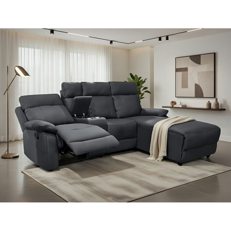 DS Living Home Furniture 3 Seater Leather Match Reclining Sofa & Chaise, Right Hand Facing, Black