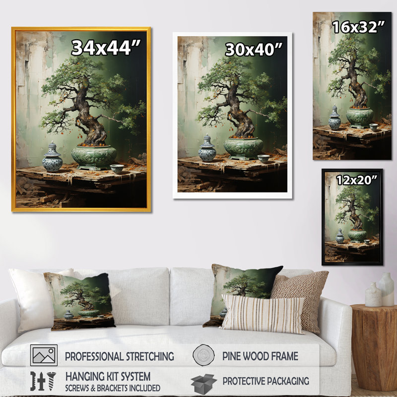 Ancienne Bonsai miniature I - Art mural arbre Bonsai, Cadre flottant doré, 40" H x 30" W