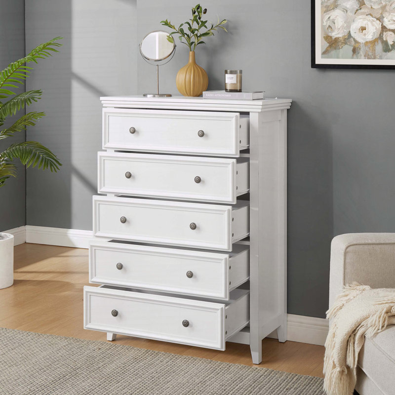 Commode moderne à 5 tiroirs avec glissières en métal lisse et dispositif anti-basculement - Blanc, Blanc