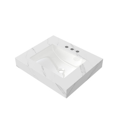 Comptoir en pierre frittée blanche Muri Carrara de 61 cm (24 po) et lavabo encastré en céramique avec entraxe de 20 cm (8 po) et trois trous pour robinetterie. Sans meuble, sans robinetterie ni couvercle de lavabo.