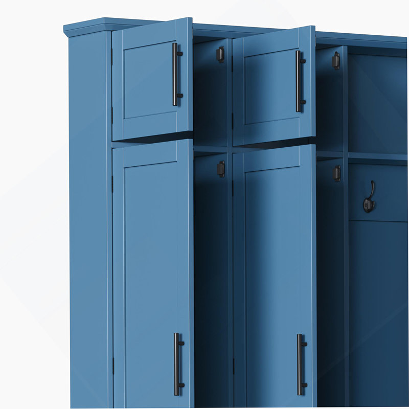 Arbre d'entrée de ferme avec 4 crochets cachés, banc de rangement polyvalent en noyer et armoire à chaussures, 8 portes, compartiment ouvert, bleu