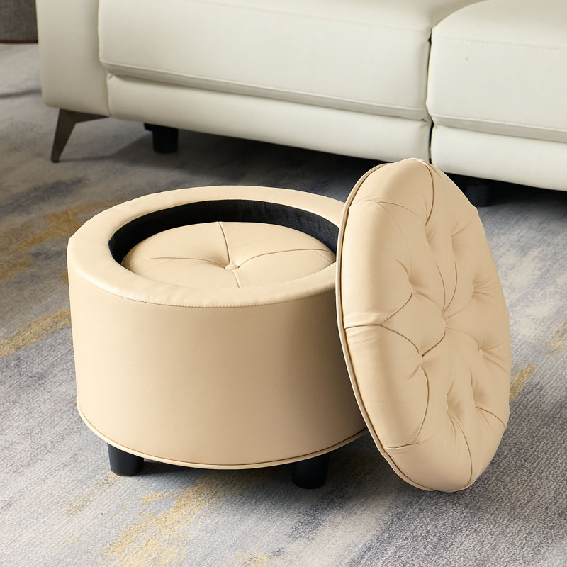 2 Piece Genuine Leather Tufted Round Storage Footstool Ottoman Set , Beige