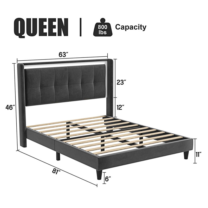Melissia Upholstered Platform Bed, Queen, Dark Gray