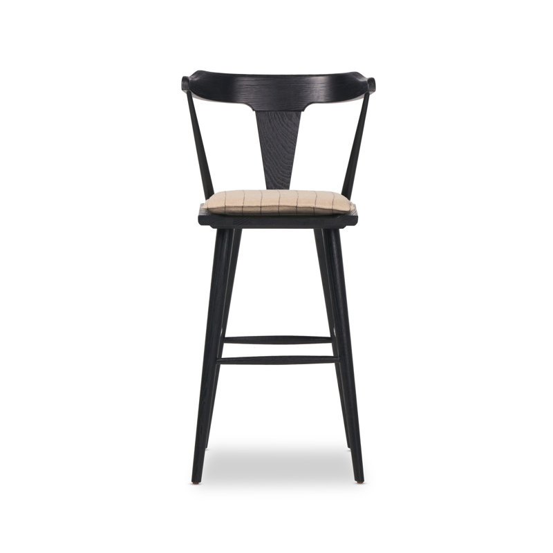 Boid Solid Wood Stool, Bar Stool (29.94" Seat Height), Lavon Flint/Linen Blend, Black Oak