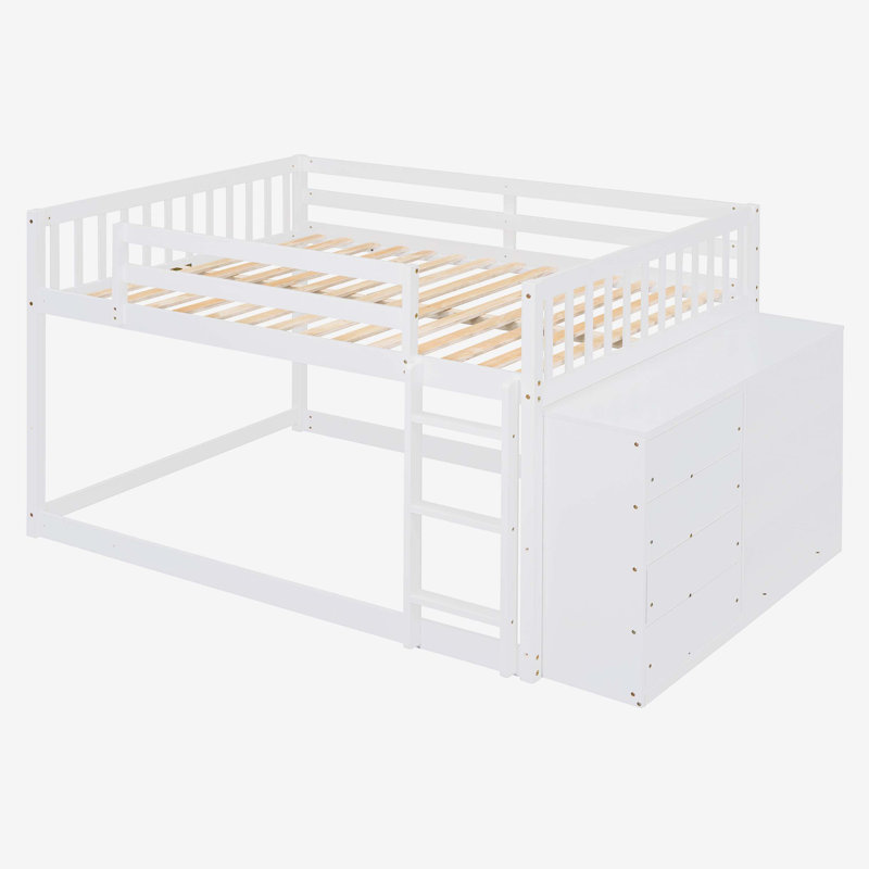 Lit superposé avec 4 tiroirs et 3 tablettes, Lit superposé double sur double, Blanc