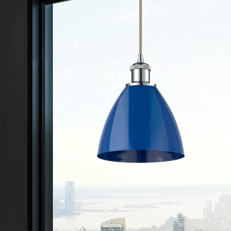 Luminaire suspendu conique 1 lumière, Bleu, Chrome poli
