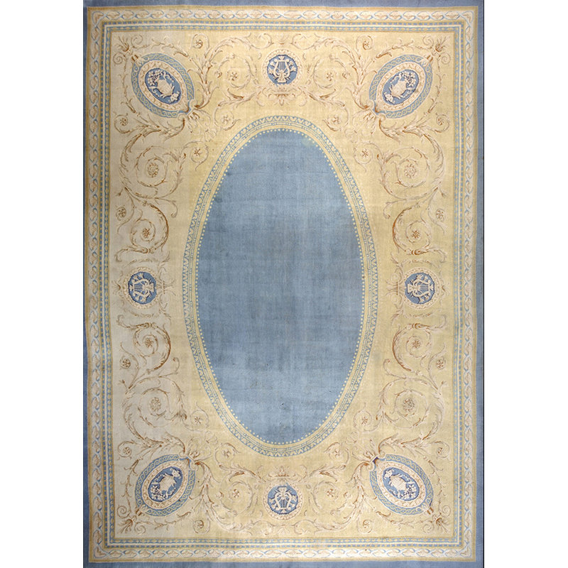 Antique Wool Rectangle Blue Large Hand Knotted Pile Floral Medallion 1890s Rug
