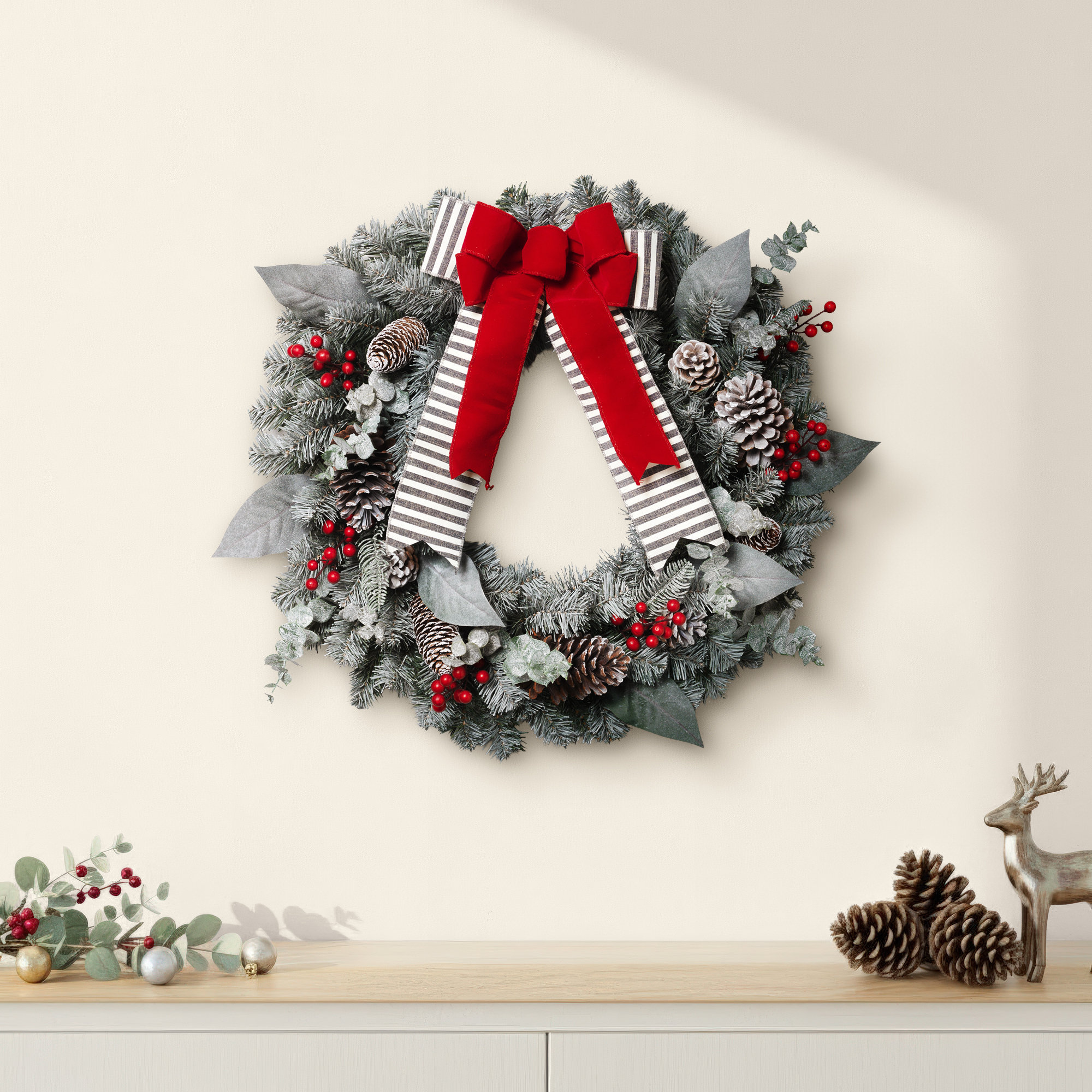 24 In. Snowy Pine Christmas Wreath With Red Berries Cone And Red Bow