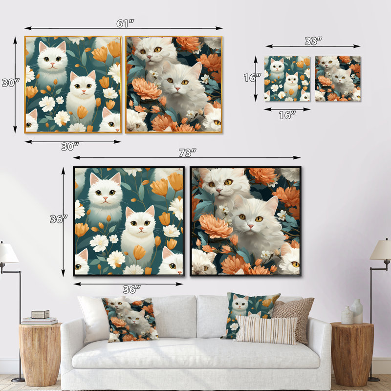 Motif de chat Blossoms bleu sarcelle et blanc pour enfant, H 30 po x l 61 po, Toile tendue