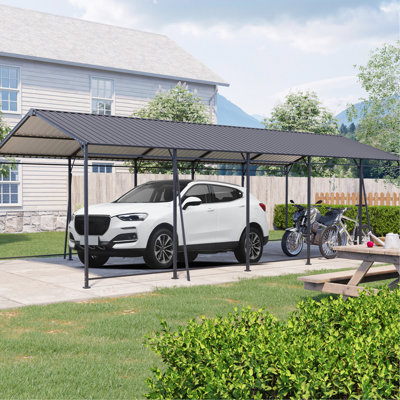 Heavy - Duty Outdoor Metal Carport 13*26.5 Ft, Sloped Roof With High Density , Stable On Level Surfaces, Gray Finish Large Ft Carport, Galvanized Steel For All Weather Protection, 4 Fixed Inclined