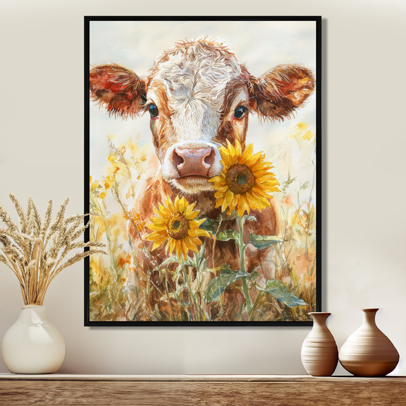 Vache Dorma, peinture avec tournesols III - vache, art mural, H 44 po x l 34 po, Impression encadrée sans passe-partout, Noir