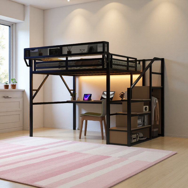 Grand lit mezzanine avec bureau et station de charge, Grand lit