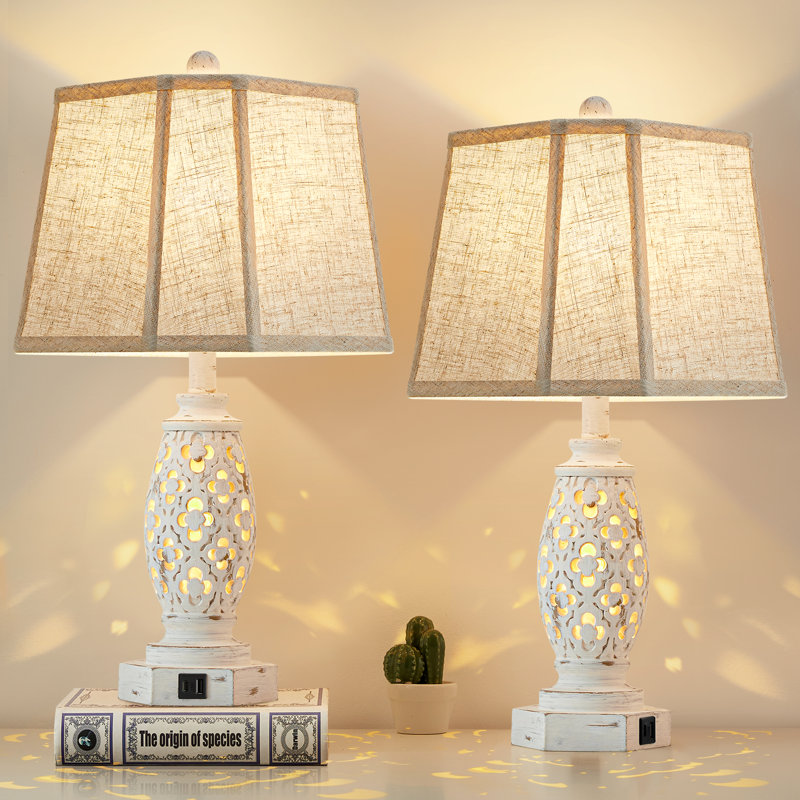 23.5" Vintage Table Lamps Set Of 2 With USB A+C And Nightlight - Carved Resin Farmhouse Desk Lamp For Bedrooms, End Tables, Living Room, Bulbs Included