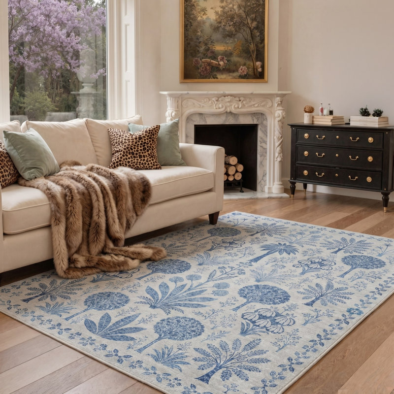 Tapis floral bleu / gris lavable à la machine avec envers antidérapant, Rectangle 6 pi x 9 pi