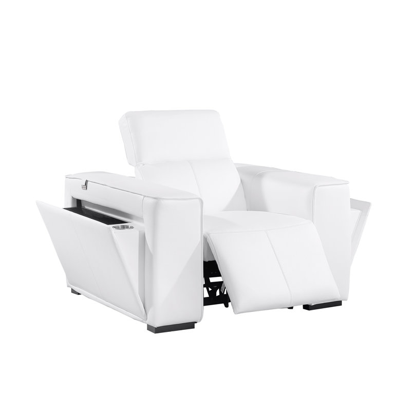 Top Grain Italian Leather Power Reclining Arm Chair with Power Headrests, White Genuine Leather