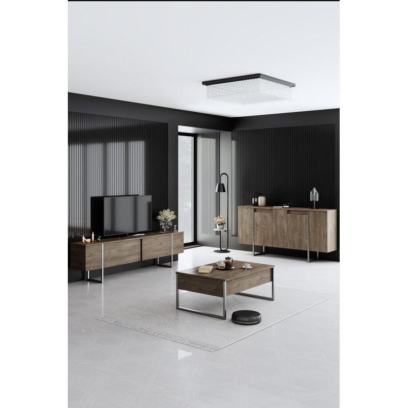 Ensemble de mobilier de salon moderne, noyer et argent, comprend un meuble télé (70,9 x 11,8 x 19,7 po), une table basse (35,4 x 23,6 x 15,7 po), une console (63,0 x 13,8 x 31,5 po) | Panneau de particules 100% enduit de mélamine, pieds en métal durables, design industriel élégant
