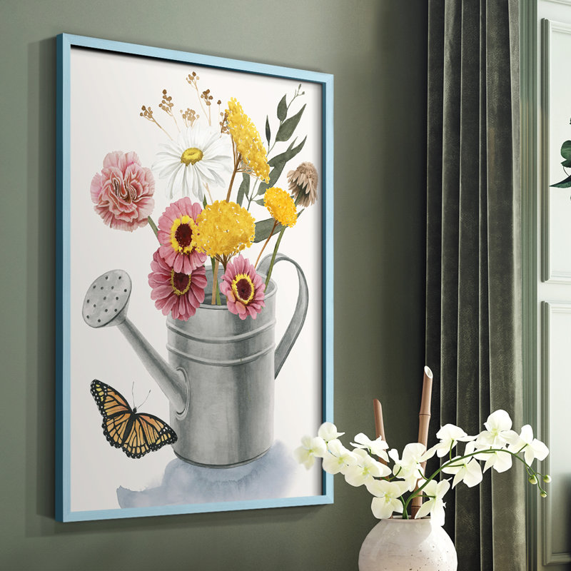 «Watering Can Bouquet I», reproduction encadrée - bois massif, Bleu, H 10 po x l 8 po