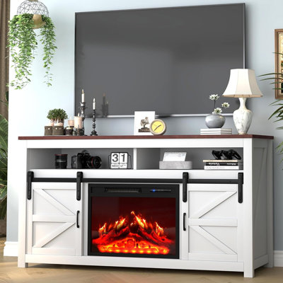 Meuble télé avec foyer électrique, blanc - centre de divertissement de ferme avec foyer à télécommande, portes coulissantes et tablettes réglables pour téléviseur de 70 po ou moins