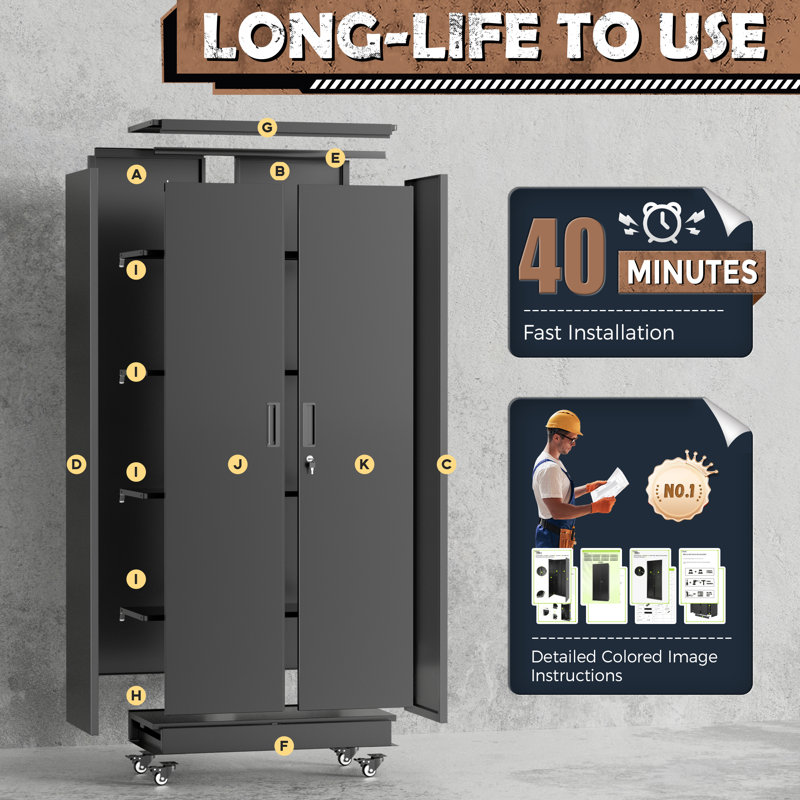 Metal Garage Storage Cabinets with Wheels, Rolling Tool Cabinet with Locking Doors and Adjustable Shelves(73" H×32" W×16" D)