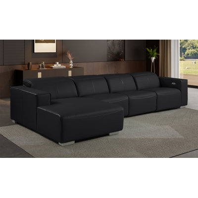 BLACK Left-Facing 4-Piece L-Shaped Sectional In Genuine Leather With 1 Power Recliner & Adjustable Headrests – Open Seating Design
