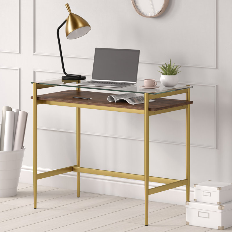 Glass Top Metal Base Writing Desk, Gold/Brown