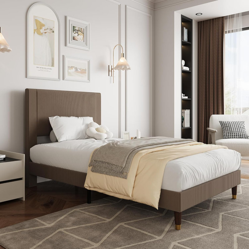 Twin Upholstered Platform Bed Frame, Fabric Headboard, Metal Frame with Wooden Slats, Twin Size, Modern Bedroom Use ,Brown