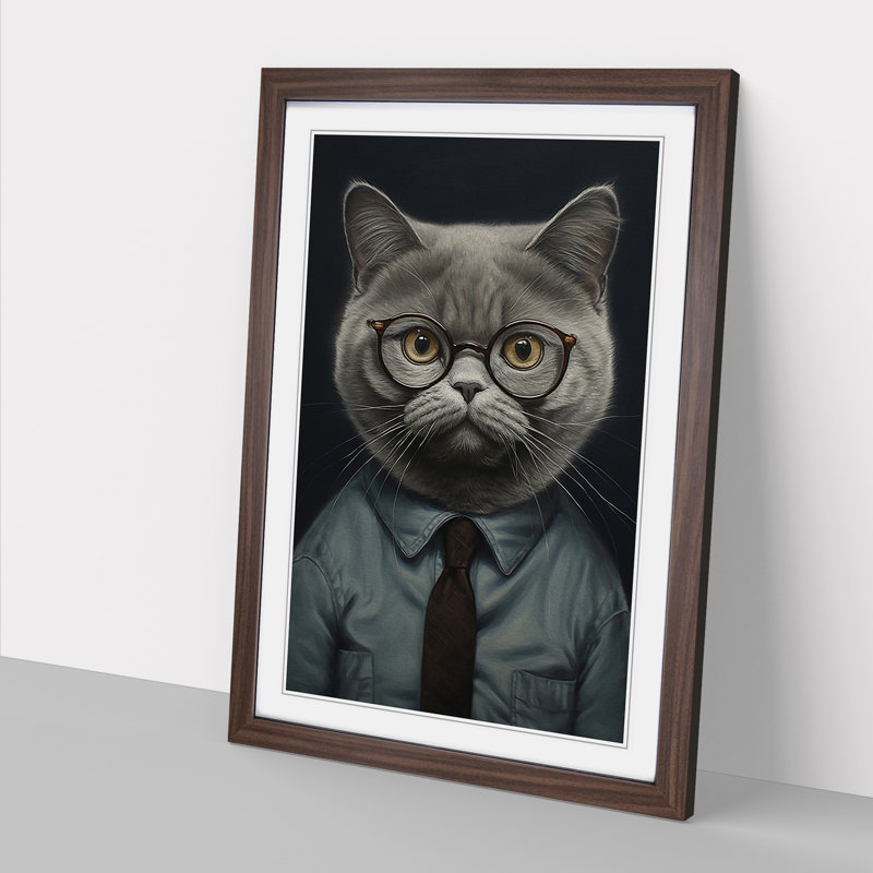 British Shorthair Cat With Glasses Painting - Single Picture Frame Print on Wood, Walnut Framed, 34cm H x 25cm W x 2cm D