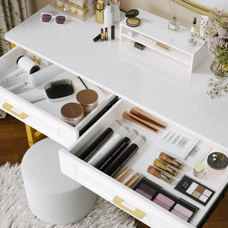 Darl Writing Desk with Wooden Drawers, White, 29.13" H x 47.24" W x 15.75" D