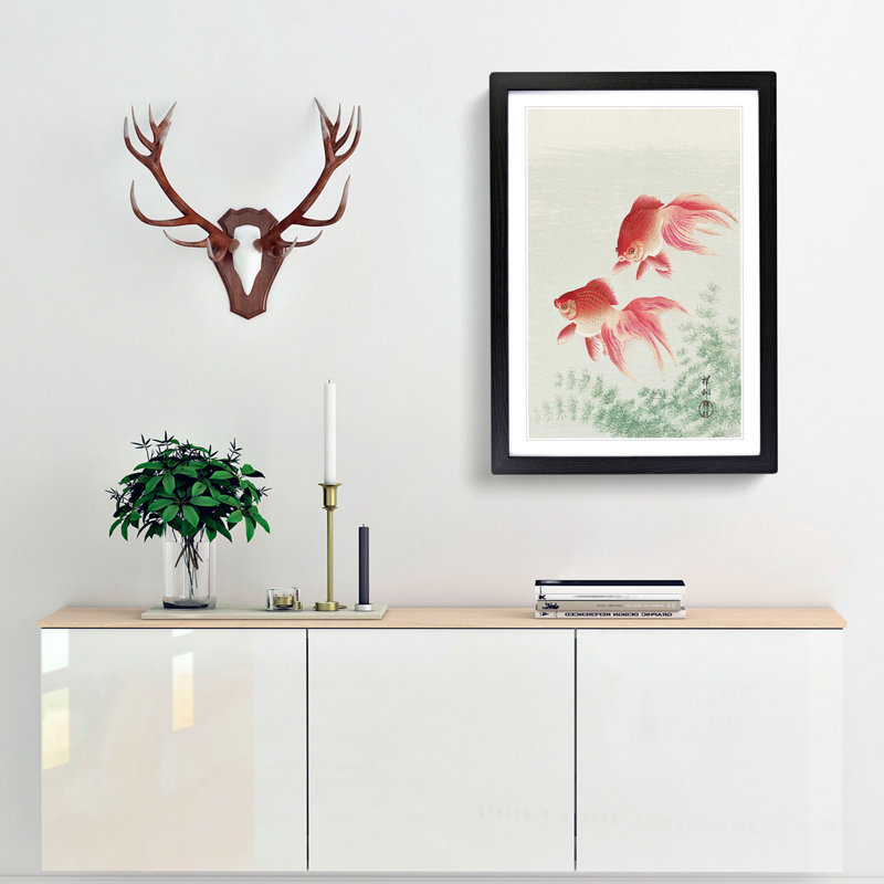 Two Veil Goldfish by Ohara Koson - Picture Frame Painting Print, Black Framed, 65cm H x 48cm W x 2cm D