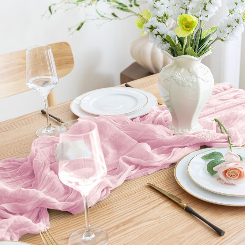 Table Runner - Blushing Pink  Boho Gauze Cheesecloth, Rustic Valentine’s & Party Table Décor
