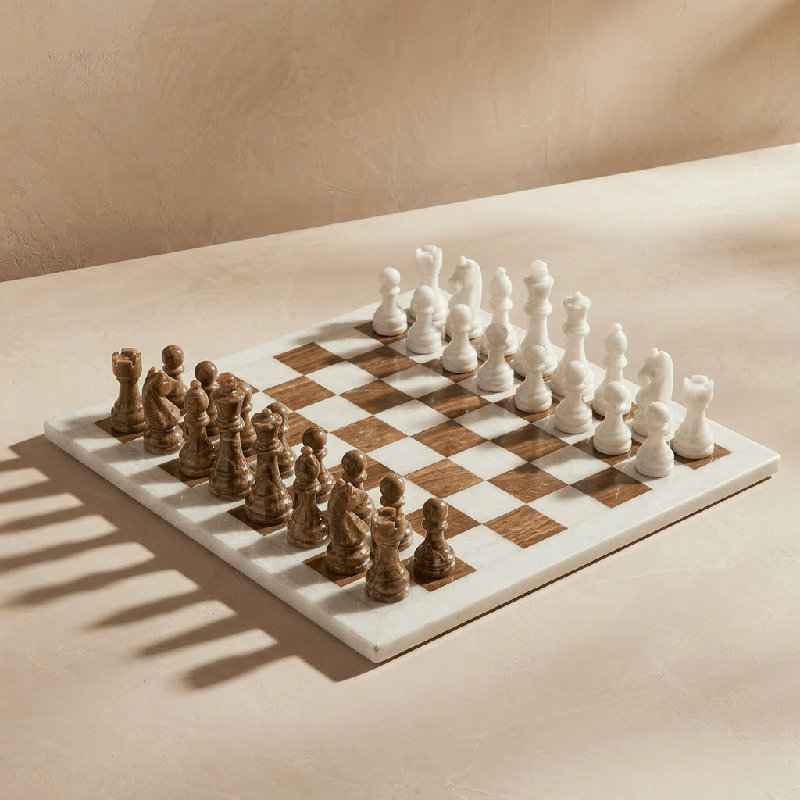 16" Handmade Marble Chess Set - Large Size Luxury Marble Chess Set With Elegant Gift, Brown/White