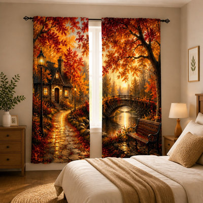 2 pièces rideaux de paysage d'automne, pont pittoresque et scène de chalet avec feuillage d'automne coucher de soleil doré, rideaux filtrant la lumière avec passe-tringle pour fenêtre chambre à coucher salon cuisine décor à la maison