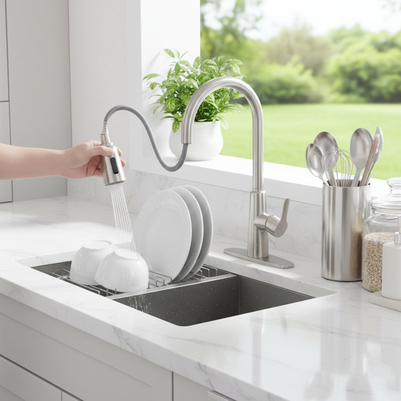Modern Brushed Nickel High Arc Single Handle Kitchen Faucet With Pull-Down Sprayer, 3-Function Stainless Steel Sink Faucet With Deck Plate