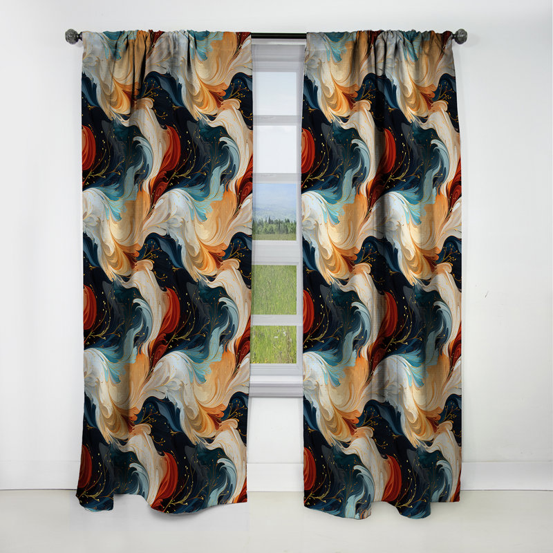 Rideau occultant orange et bleu sarcelle en marbre Bohemian - 1 panneau, L 52 po x L 90 po