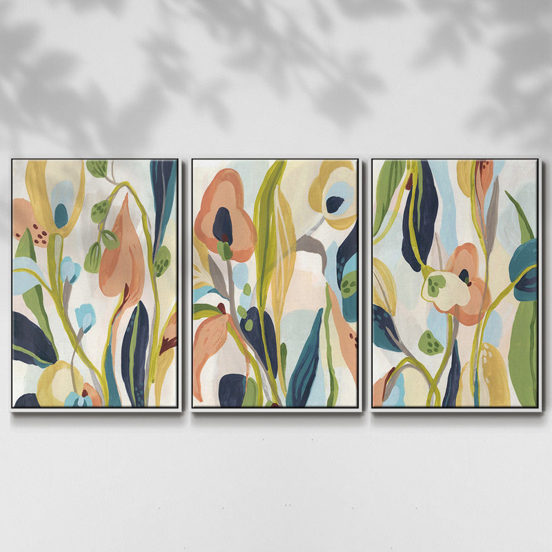 Jungle Jewels I, ensemble de 3 toiles encadrées sur toile, Blanc, H 40 po x l 78 po