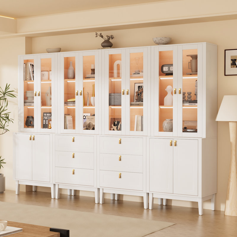 94.5" W Modular Library Bookcase with Glass Doors, Integrated LED Lighting, Brass-Coloured Hardware & Genuine Leather Loop Pulls, Large White Wall Unit with Drawers and Storage Cabinets