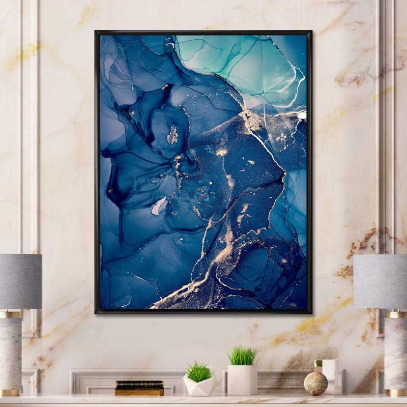 Blue Ink Clouds II - peinture sur toile, H 44 po x l 34 po x P 1,5 po, Cadre flottant noir