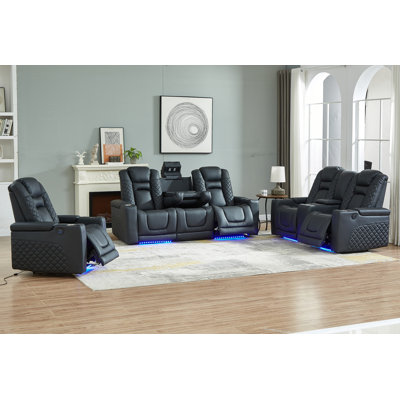 Genuine Leather 3 Piece Power Recliner Set With Bluetooth Speaker And LED Light
